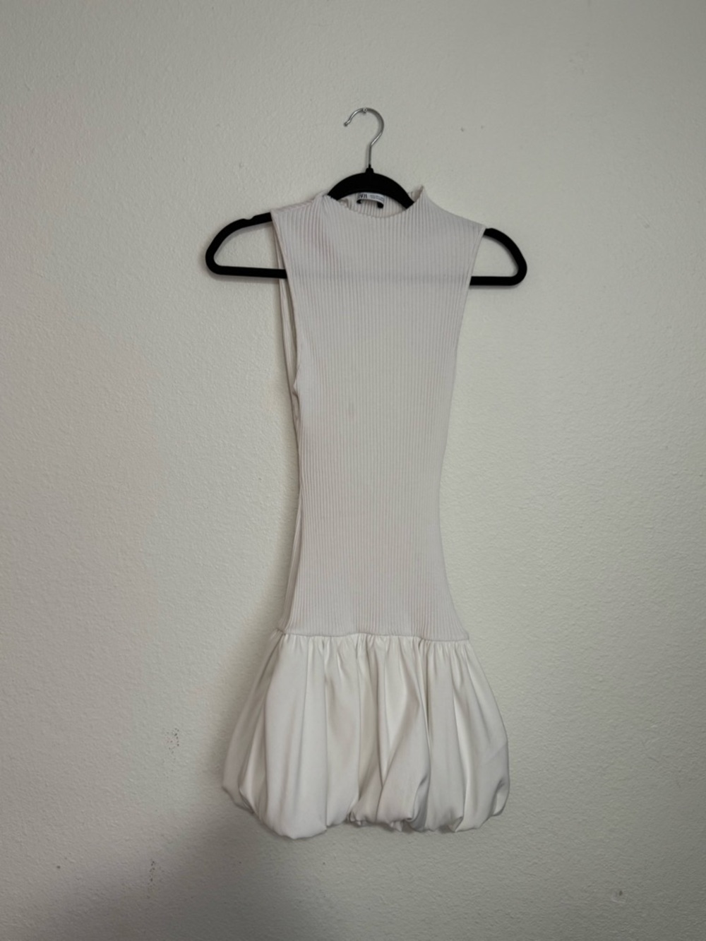 Zara Ivory Ribbed Mock Neck Bubble-Hem Mini Dress - Picture 2 of 6